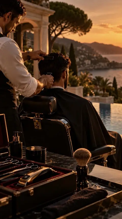 Barbier à domicile sur la terrasse d'une villa avec vue sur la mer