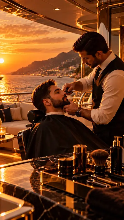 Soin de barbe privé à bord d'un yacht au coucher du soleil